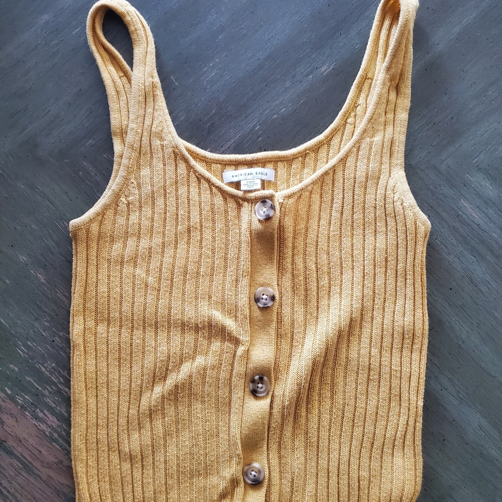 American Eagle Women Yellow Cable Knit Button Front Knit Tank Top
